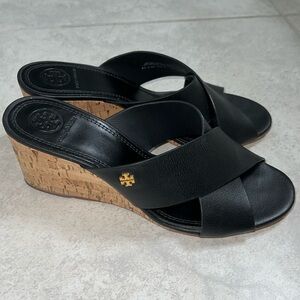 Tory Burch Crossover Sandal Wedge Black Leather Cork Heel